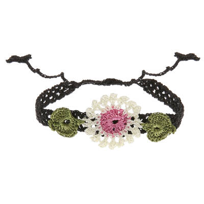 Bileklik Bilezik Kadın Bileklik Çiçekli İnce Kordonlu Elişi Örgü 16 Cm Beyaz Pembe Siyah Kadın