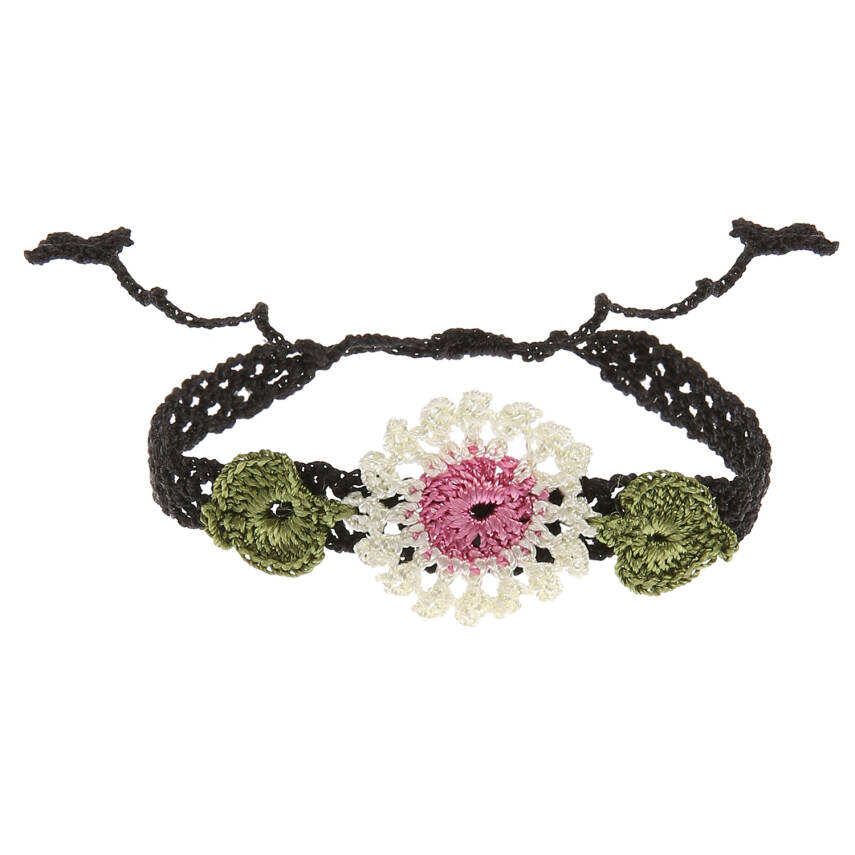 Bileklik Bilezik Kadın Bileklik Çiçekli İnce Kordonlu Elişi Örgü 16 Cm Beyaz Pembe Siyah Kadın - 1