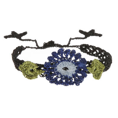 Bileklik Bilezik Kadın Bileklik Çiçekli İnce Kordonlu Elişi Örgü 16 Cm Lacivert Mavi Siyah Kadın