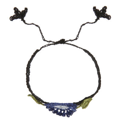 Bileklik Bilezik Kadın Bileklik Çiçekli İnce Kordonlu Elişi Örgü 16 Cm Lacivert Mavi Siyah Kadın - 2