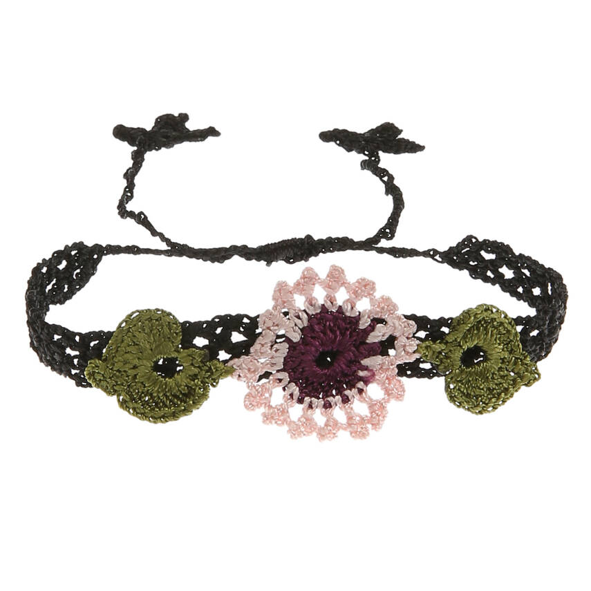 Bileklik Bilezik Kadın Bileklik Çiçekli İnce Kordonlu Elişi Örgü 16 Cm Pembe Bordo Siyah Kadın - 1