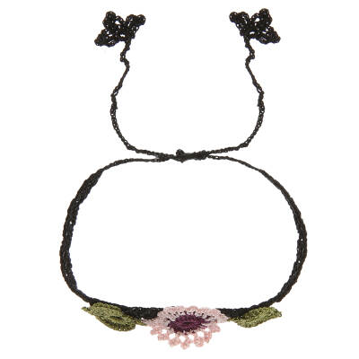 Bileklik Bilezik Kadın Bileklik Çiçekli İnce Kordonlu Elişi Örgü 16 Cm Pembe Bordo Siyah Kadın - 2