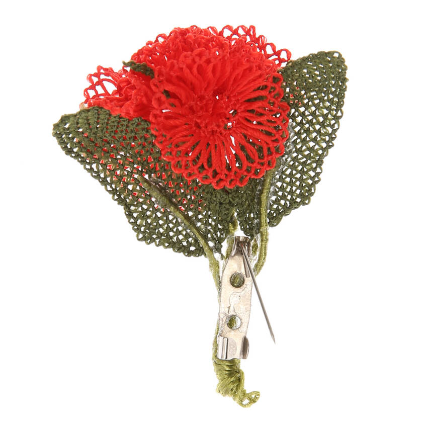Broş Karanfil Çiçekli Kırmızı Yaka İğnesi Elişi İğne Oyası   - 1