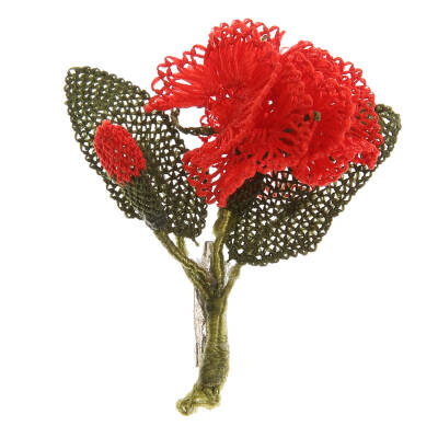 Broş Karanfil Çiçekli Kırmızı Yaka İğnesi Elişi İğne Oyası   - 2