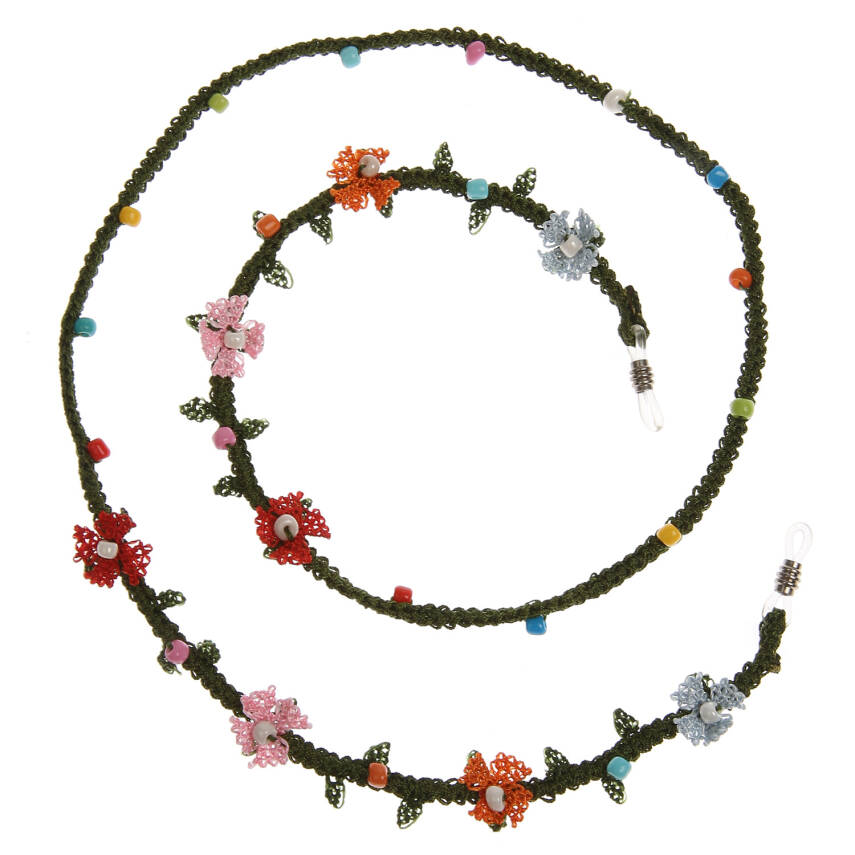 Gözlük İpi Çiçekli Boncuklu Gözlük İpi Elişi İğne Oyası 85 Cm - 1