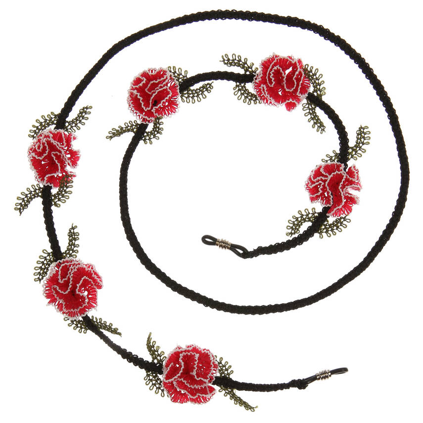Gözlük İpi Karanfil Çiçekli Gözlük İpi Elişi İğne Oyası 85 Cm Fuşya Beyaz-Siyah - 1