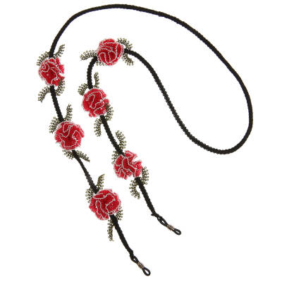 Gözlük İpi Karanfil Çiçekli Gözlük İpi Elişi İğne Oyası 85 Cm Fuşya Beyaz-Siyah - 2