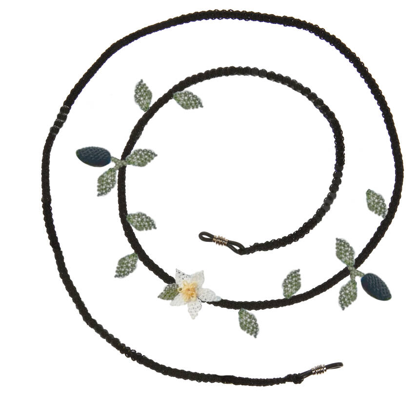 Gözlük İpi Zeytin Çiçekli Gözlük İpi Elişi İğne Oyası 85 Cm Beyaz-Siyah - 1