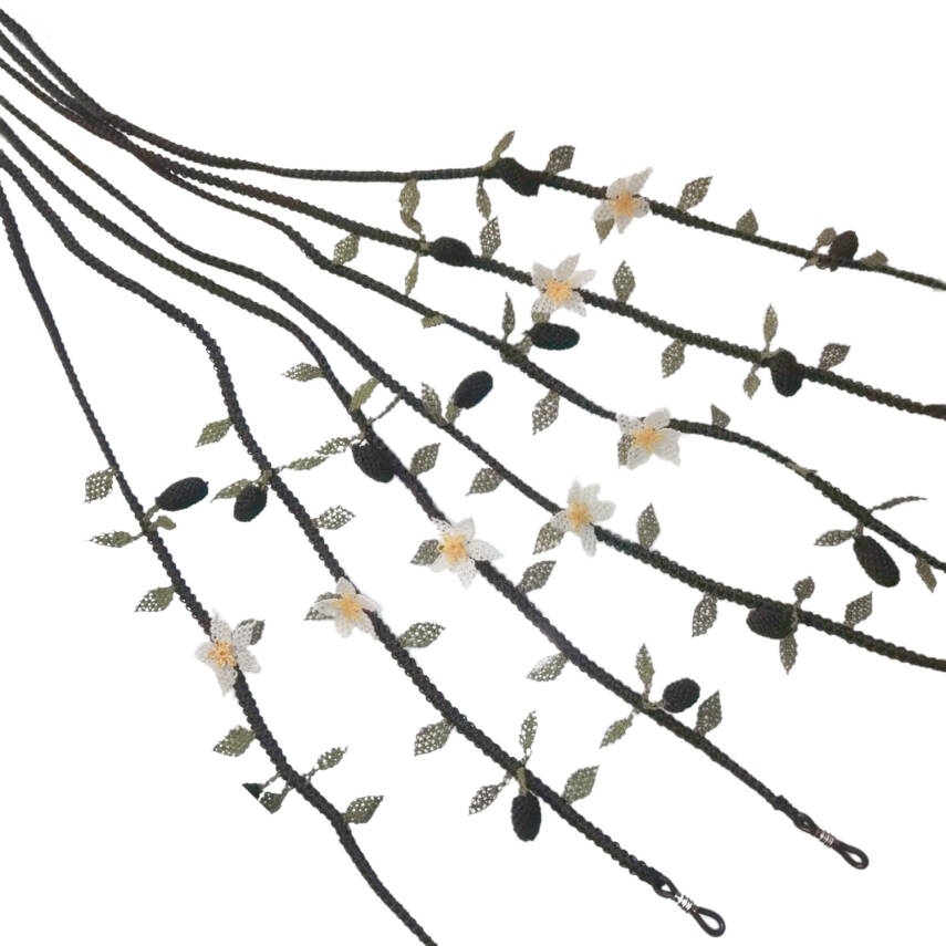 Gözlük İpi Zeytin Çiçekli Gözlük İpi Elişi İğne Oyası 85 Cm Beyaz-Siyah - 2