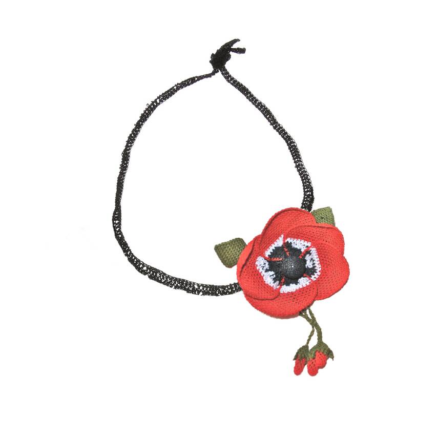 Kolye Gelincik Çiçekli Tasma Kolye Elişi İğne Oyası 47 Cm Kırmızı Beyaz-Siyah - 1