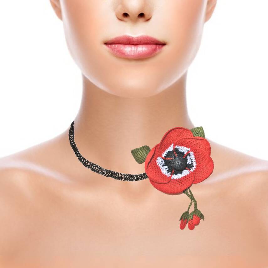 Kolye Gelincik Çiçekli Tasma Kolye Elişi İğne Oyası 47 Cm Kırmızı Beyaz-Siyah - 2