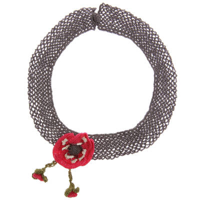 Kolye Gelincik Çiçekli Tasma Kolye Elişi Tığ Oyası 35-40 Cm Fuşya-Füme