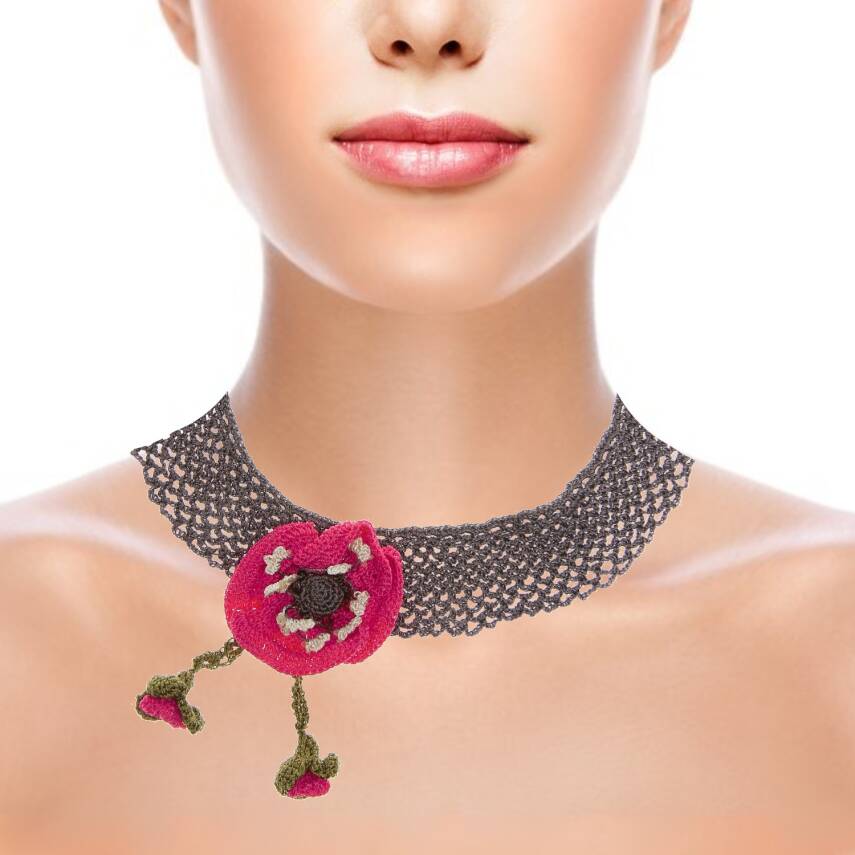 Kolye Gelincik Çiçekli Tasma Kolye Elişi Tığ Oyası 35-40 Cm Fuşya-Füme - 2