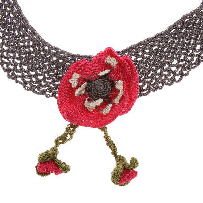 Kolye Gelincik Çiçekli Tasma Kolye Elişi Tığ Oyası 35-40 Cm Fuşya-Füme - 3