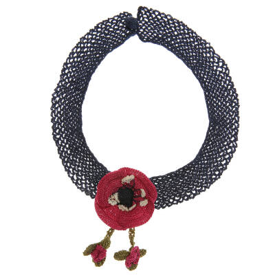 Kolye Gelincik Çiçekli Tasma Kolye Elişi Tığ Oyası 35-40 Cm Fuşya-Lacivert