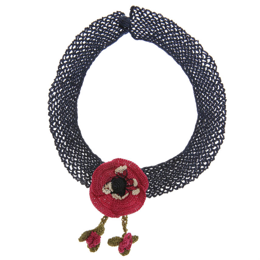 Kolye Gelincik Çiçekli Tasma Kolye Elişi Tığ Oyası 35-40 Cm Fuşya-Lacivert - 1