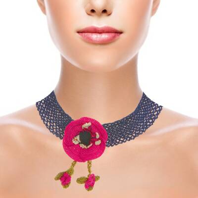 Kolye Gelincik Çiçekli Tasma Kolye Elişi Tığ Oyası 35-40 Cm Fuşya-Lacivert - 2