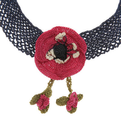 Kolye Gelincik Çiçekli Tasma Kolye Elişi Tığ Oyası 35-40 Cm Fuşya-Lacivert - 3