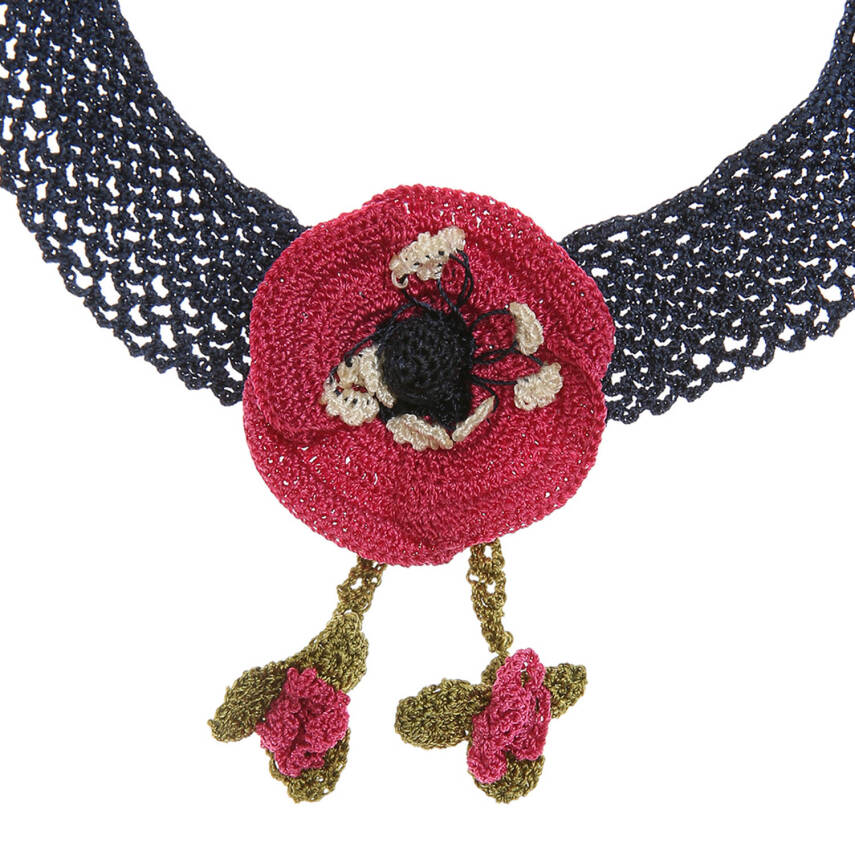 Kolye Gelincik Çiçekli Tasma Kolye Elişi Tığ Oyası 35-40 Cm Fuşya-Lacivert - 3