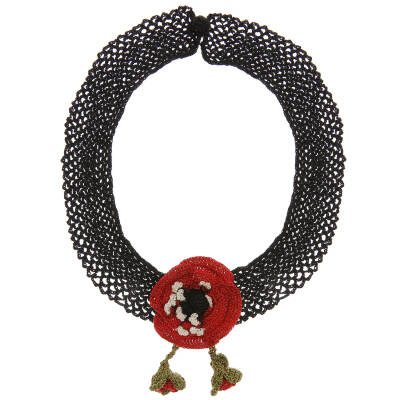 Kolye Gelincik Çiçekli Tasma Kolye Elişi Tığ Oyası 35-40 Cm Kırmızı-Siyah