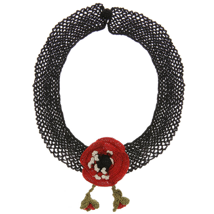 Kolye Gelincik Çiçekli Tasma Kolye Elişi Tığ Oyası 35-40 Cm Kırmızı-Siyah - 1