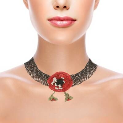 Kolye Gelincik Çiçekli Tasma Kolye Elişi Tığ Oyası 35-40 Cm Kırmızı-Siyah - 2