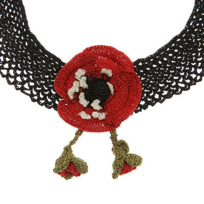 Kolye Gelincik Çiçekli Tasma Kolye Elişi Tığ Oyası 35-40 Cm Kırmızı-Siyah - 3
