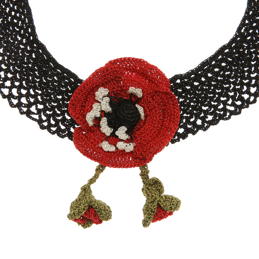 Kolye Gelincik Çiçekli Tasma Kolye Elişi Tığ Oyası 35-40 Cm Kırmızı-Siyah - 3