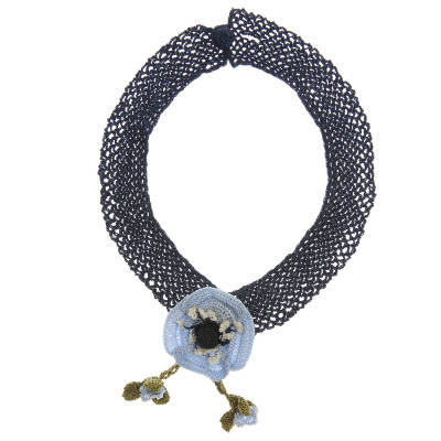 Kolye Gelincik Çiçekli Tasma Kolye Elişi Tığ Oyası 35-40 Cm Mavi -Lacivert