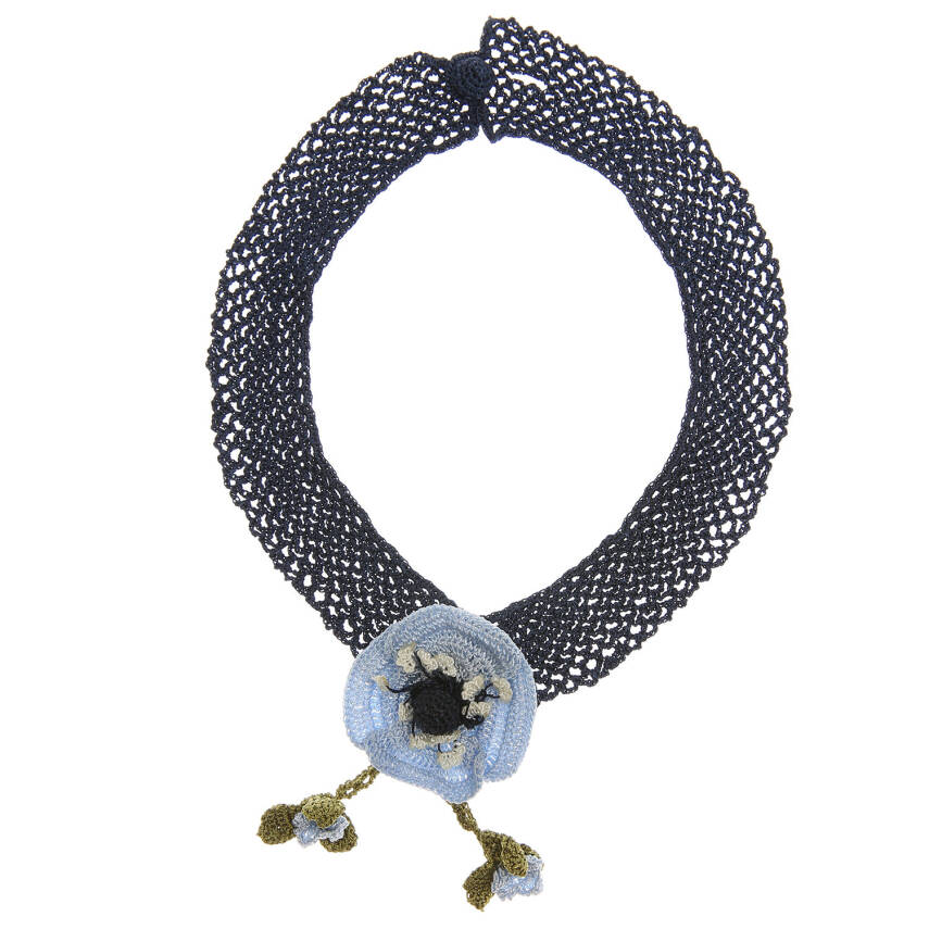 Kolye Gelincik Çiçekli Tasma Kolye Elişi Tığ Oyası 35-40 Cm Mavi -Lacivert - 1
