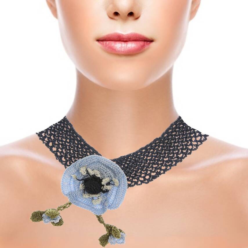 Kolye Gelincik Çiçekli Tasma Kolye Elişi Tığ Oyası 35-40 Cm Mavi -Lacivert - 2