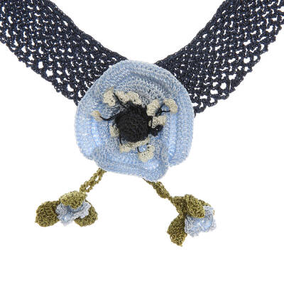 Kolye Gelincik Çiçekli Tasma Kolye Elişi Tığ Oyası 35-40 Cm Mavi -Lacivert - 3