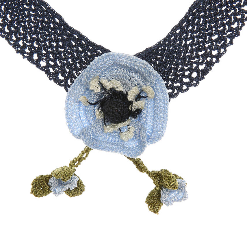 Kolye Gelincik Çiçekli Tasma Kolye Elişi Tığ Oyası 35-40 Cm Mavi -Lacivert - 3