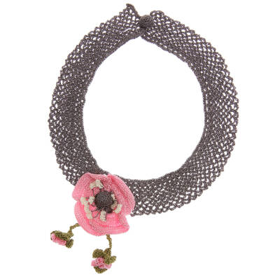 Kolye Gelincik Çiçekli Tasma Kolye Elişi Tığ Oyası 35-40 Cm Pembe-Füme