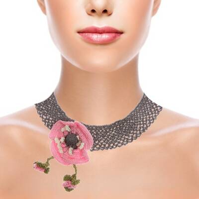 Kolye Gelincik Çiçekli Tasma Kolye Elişi Tığ Oyası 35-40 Cm Pembe-Füme - 2