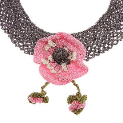 Kolye Gelincik Çiçekli Tasma Kolye Elişi Tığ Oyası 35-40 Cm Pembe-Füme - 3