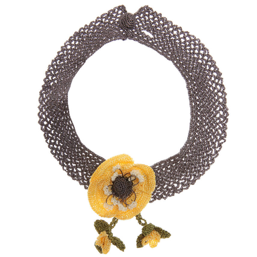 Kolye Gelincik Çiçekli Tasma Kolye Elişi Tığ Oyası 35-40 Cm Sarı-Füme - 1