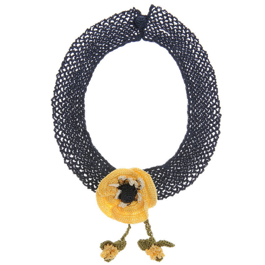 Kolye Gelincik Çiçekli Tasma Kolye Elişi Tığ Oyası 35-40 Cm Sarı-Lacivert - 1