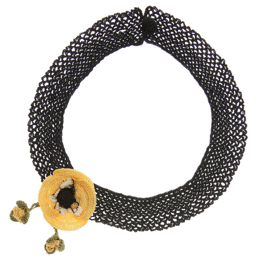 Kolye Gelincik Çiçekli Tasma Kolye Elişi Tığ Oyası 35-40 Cm Sarı-Siyah - 1