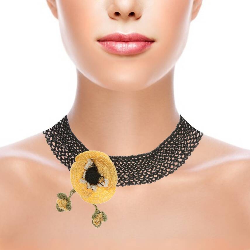 Kolye Gelincik Çiçekli Tasma Kolye Elişi Tığ Oyası 35-40 Cm Sarı-Siyah - 2