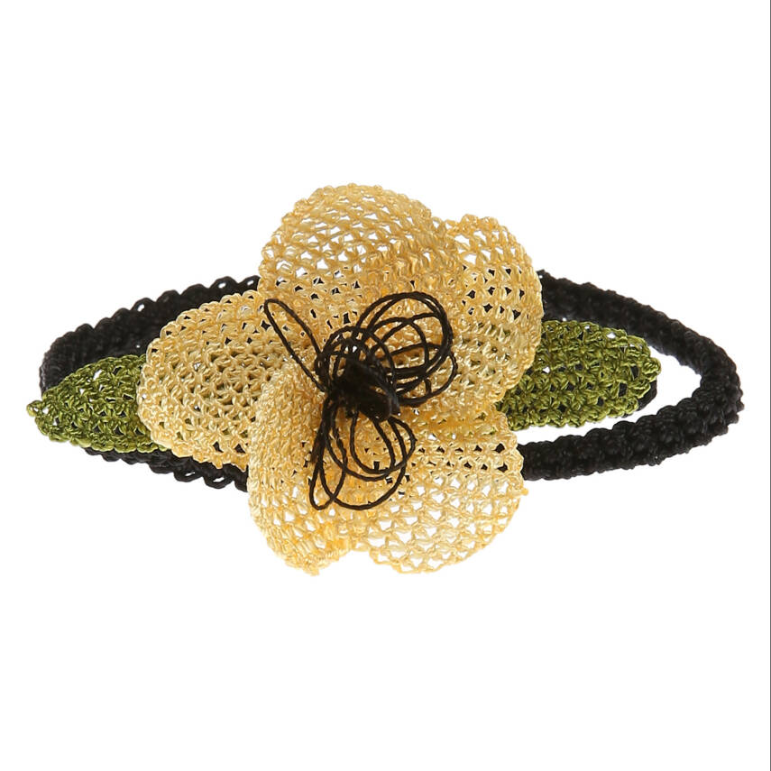 Kolye Menekşe Çiçekli Tasma Kolye Elişi İğne Oyası 50 Cm Sarı-Siyah - 1