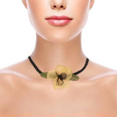 Kolye Menekşe Çiçekli Tasma Kolye Elişi İğne Oyası 50 Cm Sarı-Siyah - 2