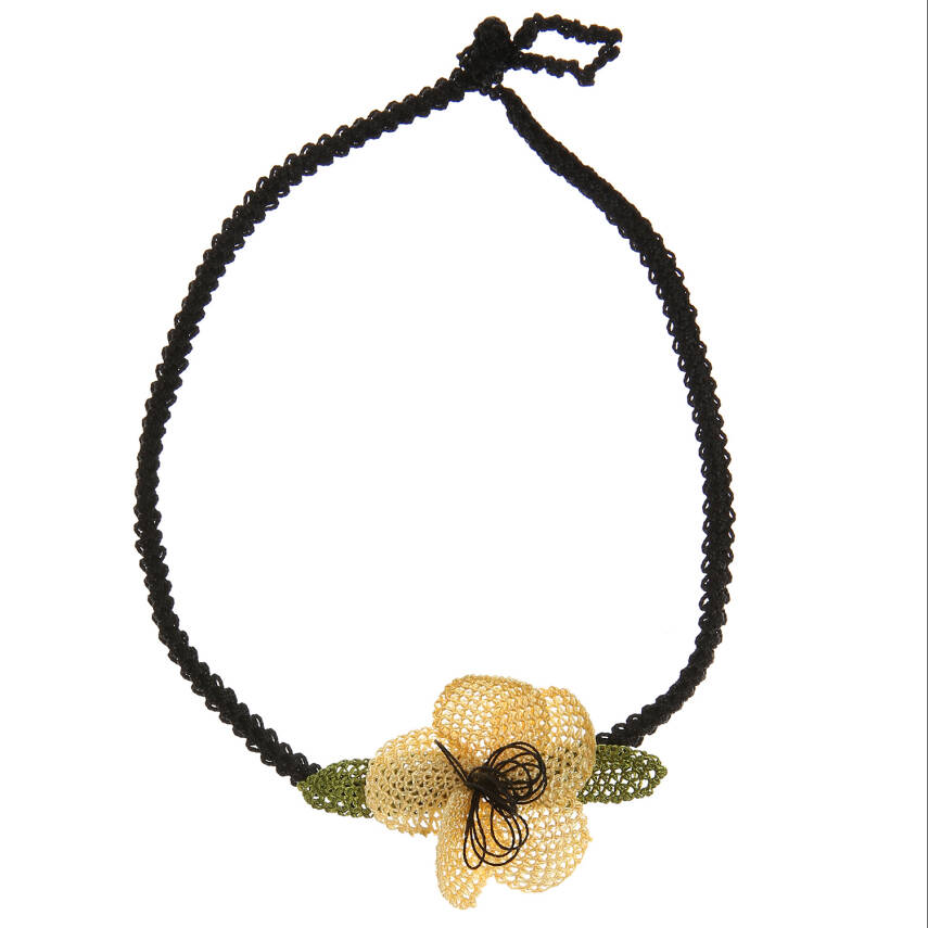 Kolye Menekşe Çiçekli Tasma Kolye Elişi İğne Oyası 50 Cm Sarı-Siyah - 4