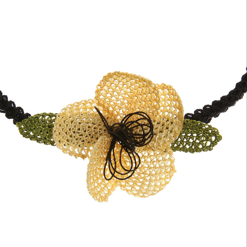 Kolye Menekşe Çiçekli Tasma Kolye Elişi İğne Oyası 50 Cm Sarı-Siyah - 5