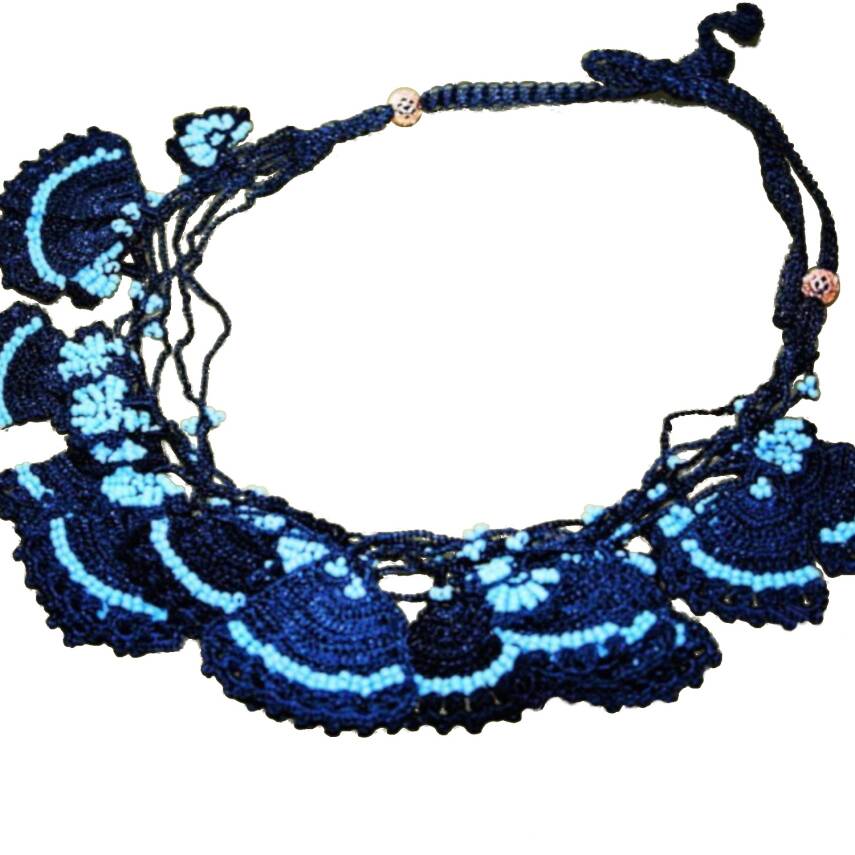 Kolye Yarımay Kolye Yelpaze Motifli Elişi Tığ İşi 50 Cm Mavi Lacivert-Siyah - 1