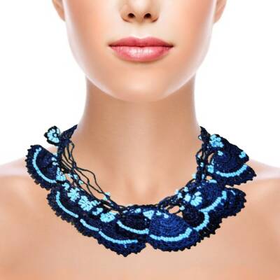 Kolye Yarımay Kolye Yelpaze Motifli Elişi Tığ İşi 50 Cm Mavi Lacivert-Siyah - 2