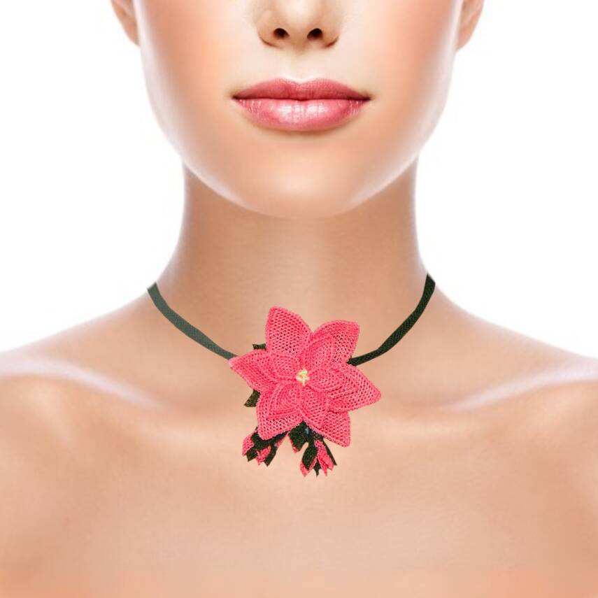 Kolye Yıldız Çiçekli Tasma Kolye Elişi İğne Oyası 50 Cm Somon-Haki - 1