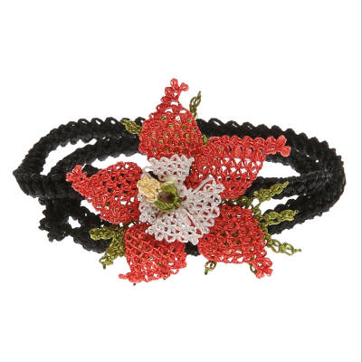 Kolye Yıldız Çiçekli Tasma Kolye İnce Elişi İğne Oyası 50 Cm Mercan Kırmızı 