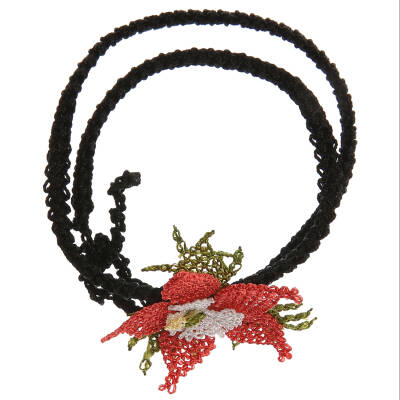 Kolye Yıldız Çiçekli Tasma Kolye İnce Elişi İğne Oyası 50 Cm Mercan Kırmızı  - 3