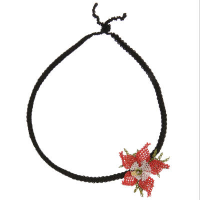 Kolye Yıldız Çiçekli Tasma Kolye İnce Elişi İğne Oyası 50 Cm Mercan Kırmızı  - 4